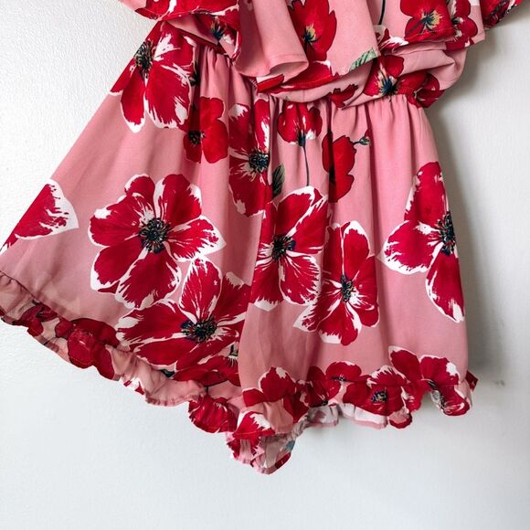 Pink Lily Pink and Red Floral One Sleeve Romper Size Large - Picture 3 of 7